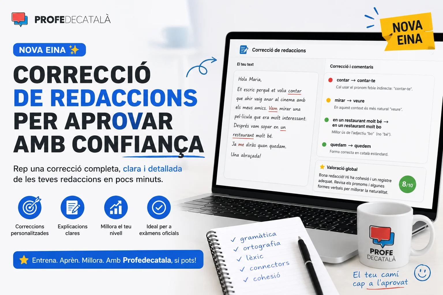 Corrector de redaccions en català amb intel·ligència artificial de Profedecatalà per aprovar els exàmens B2 i C1