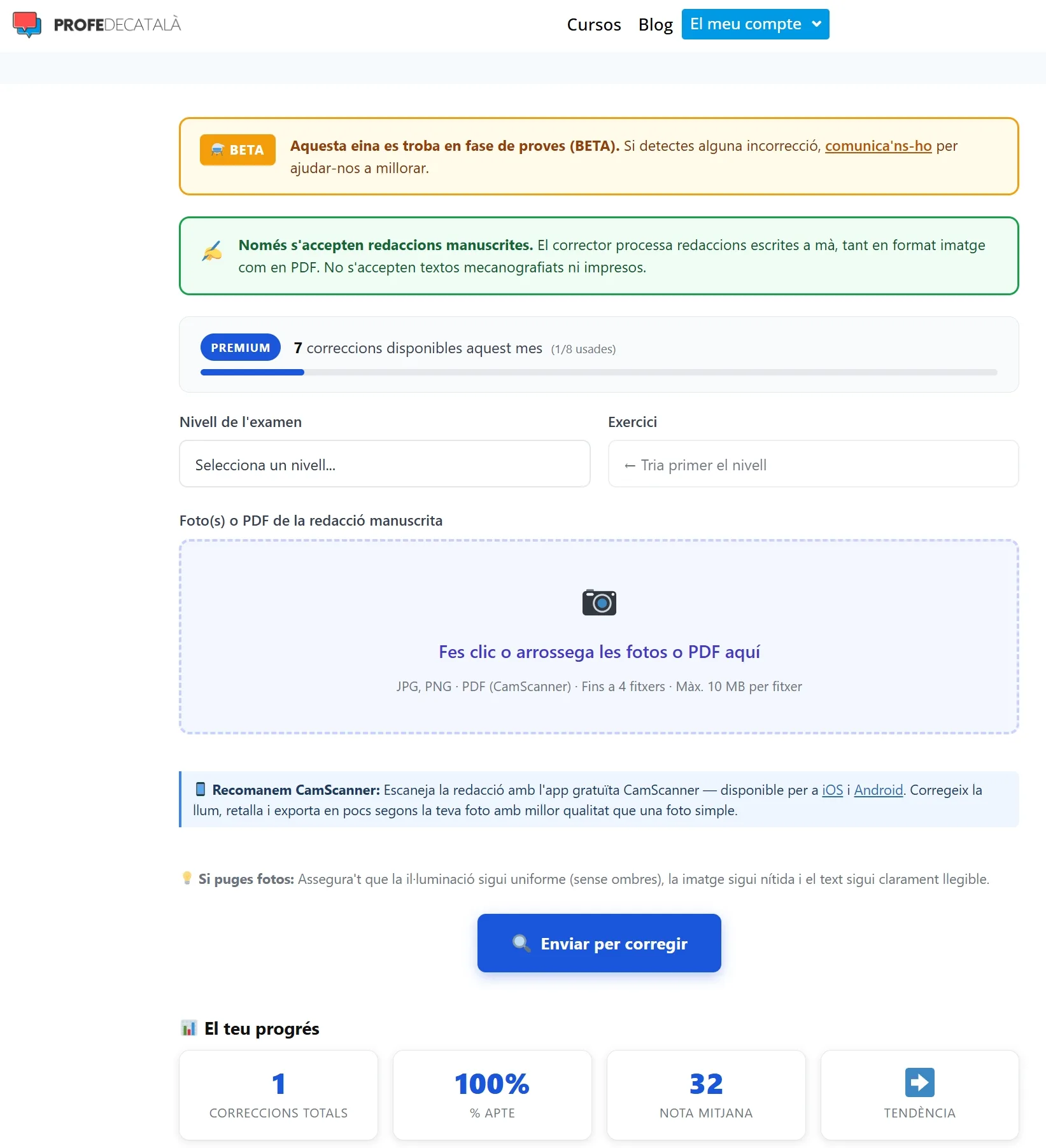 Interfície del corrector de redaccions de Profedecatalà mostrant la pujada de fitxers i el comptador de correccions disponibles